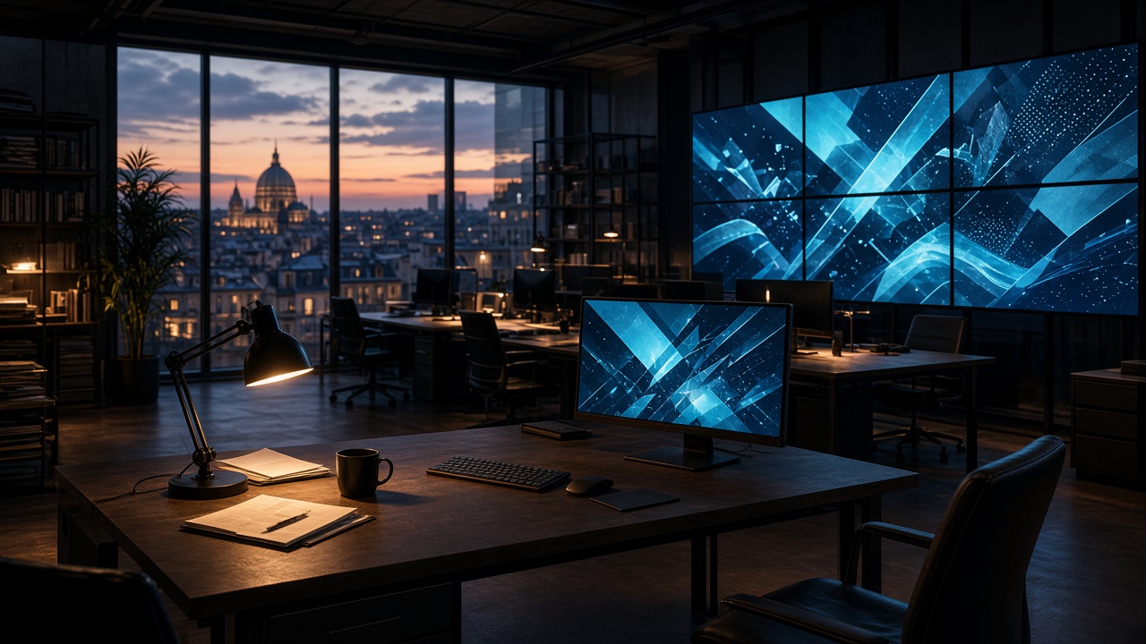 Bureau d’analyste avec écrans et lampes dans une rédaction